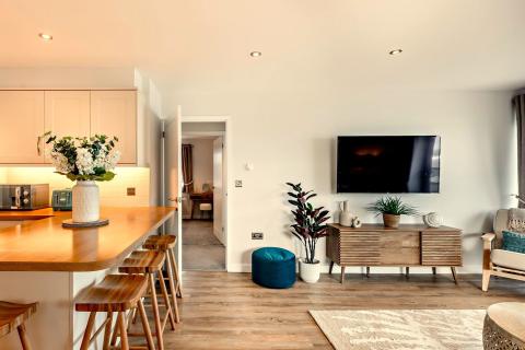 Living & Dining Area of Waters Edge 2 Bedroom Apartment